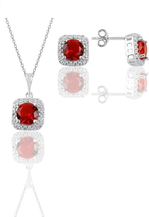 Gümüş beyaz altın rodyumlu kırmızı taşlı kare ikili set [barcode]