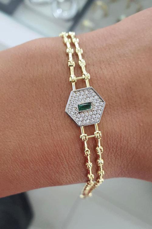 925ayar Gümüş Üzerine Altın Kaplama Luxury Tasarım Yeşil Zirkon Taşlı Trend Bileklik 