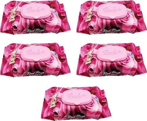 5 Paket  Islak Havlu Mendil 90 Adet Kapaklı Gül Kokulu-Red Rose