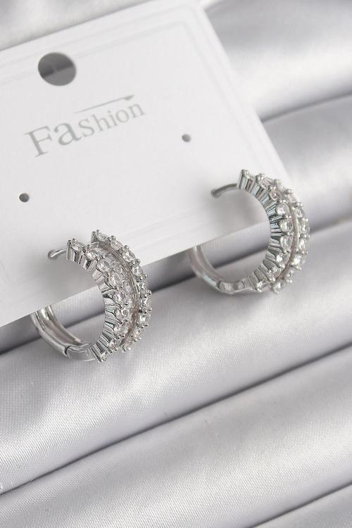 Pirinç Gümüş Renk Zirkon Taşlı Halka Model Kadın Küpe - TJ-BKP9966
