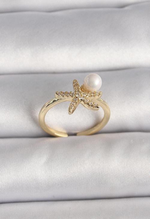Pirinç Gold Renk Zirkon Taşlı Deniz Yıldızı Model İnci Detay Ayarlababilir Yüzük - TJ-BYK3549
