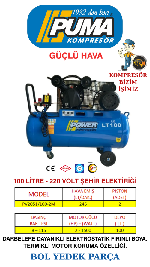POWER 100 Litre. 2 Hp 220 Volt 8 Bar Pistonlu Kompresör Uyumlu