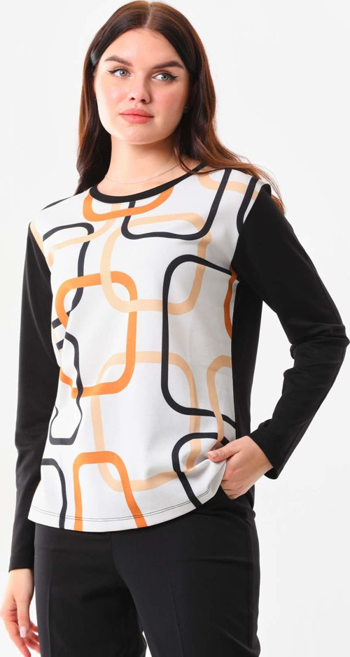 Kadın Desenli Bisiklet Yaka Uzun Kol Bluz 22788 Siyah