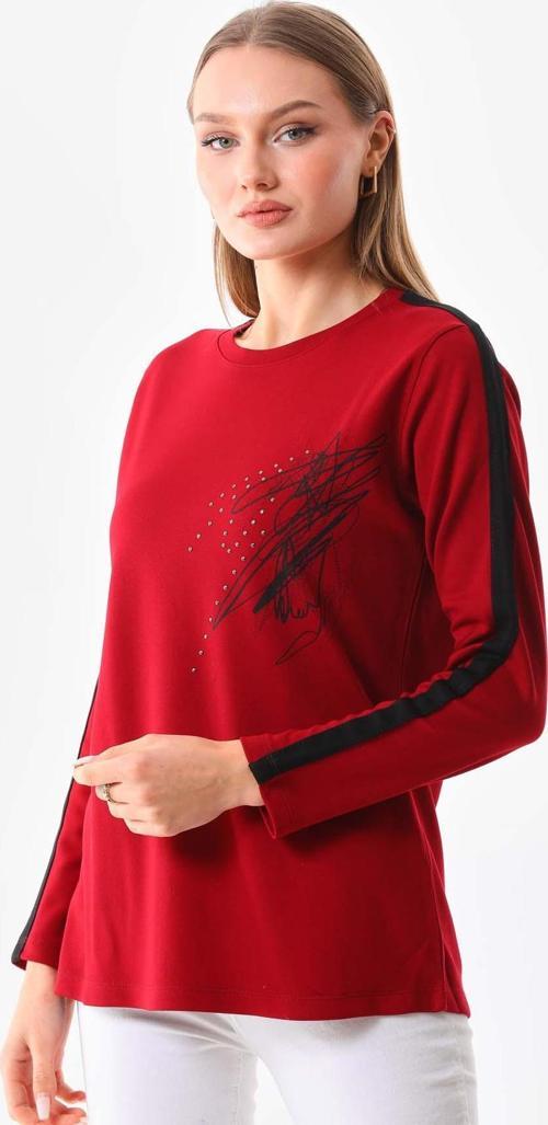 Kadın Desenli Bisiklet Yaka Uzun Kol Bluz 22689 Bordo