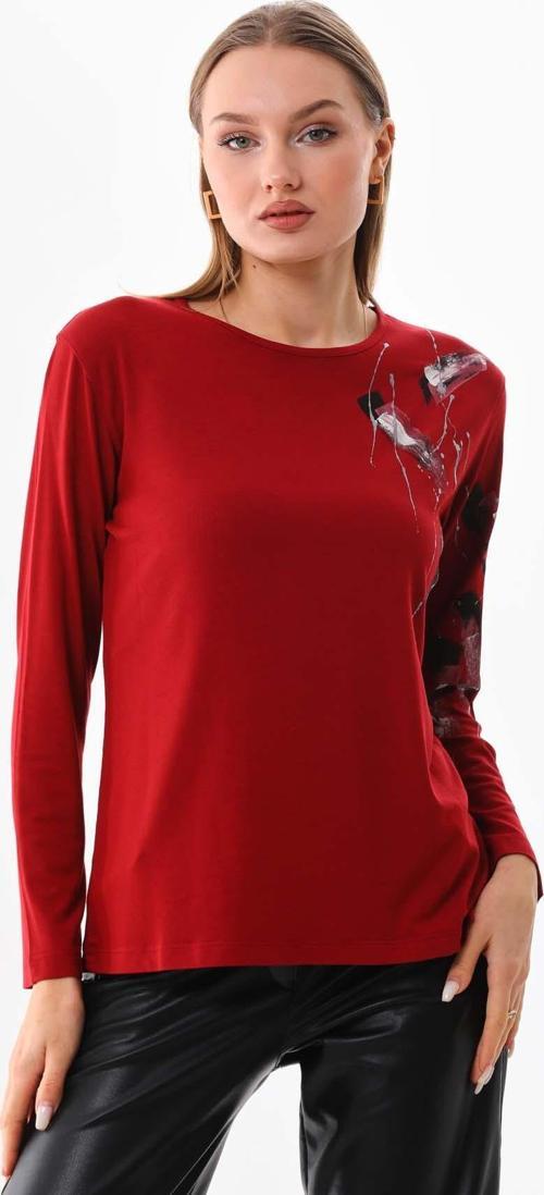 Kadın Desenli Bisiklet Yaka Uzun Kol Bluz 23598 Bordo