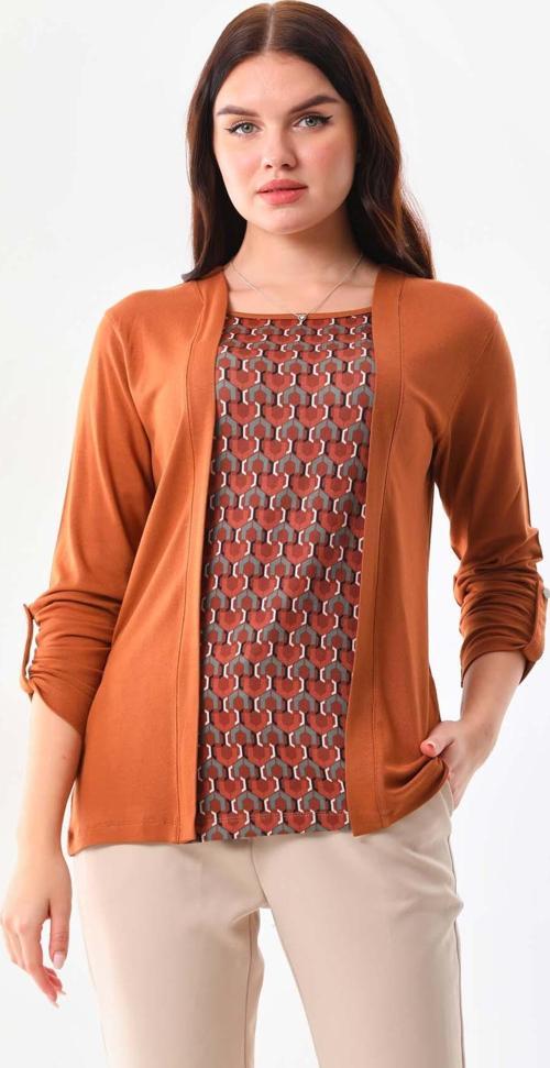 Kadın Desenli Uzun Kol Bluz 23525 Camel