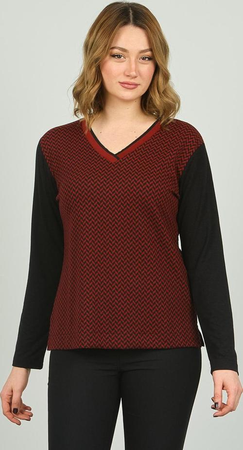 Kadın V Yaka Desenli Uzun Kol Bluz 23620 Bordo