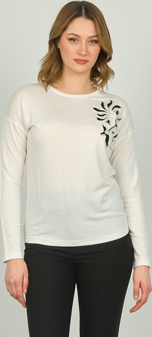 Kadın Desenli Bisiklet Yaka Uzun Kol Bluz 3629 Ekru