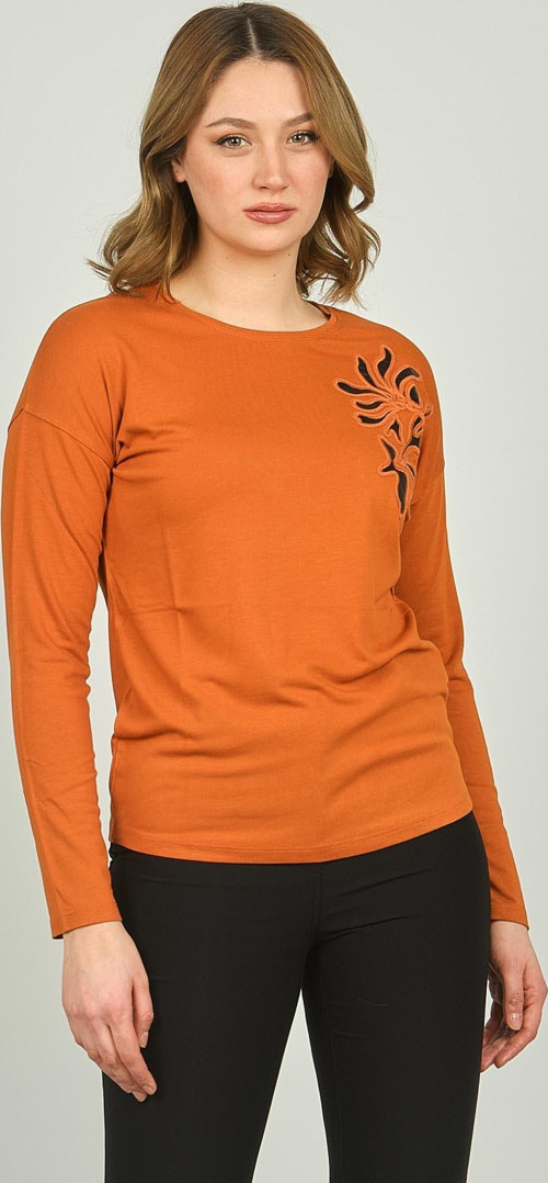 Kadın Desenli Bisiklet Yaka Uzun Kol Bluz 3629 Kiremit