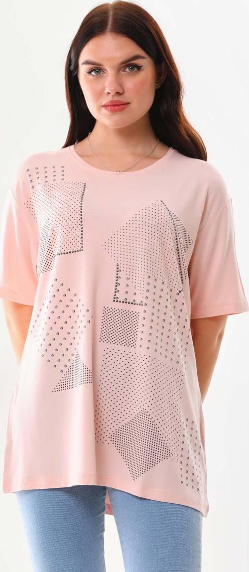 Kadın Desenli Bisiklet Yaka Kısa Kol Bluz 20405 Pudra