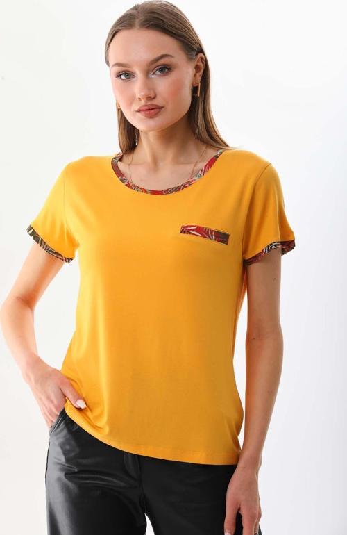 Kadın Süs Cep Detaylı Kısa Kol Bluz 23150 Sarı