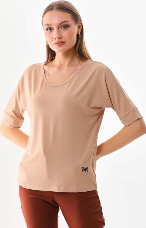 Kadın Bisiklet Yaka Kısa Kol Bluz 23009 Camel