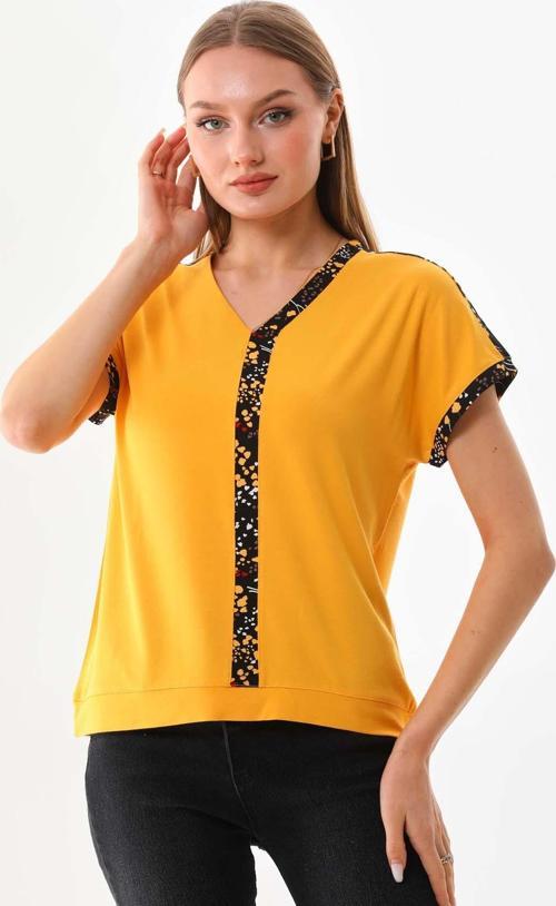 Kadın Desenli V Yaka Kısa Kol Bluz 23151 Sarı