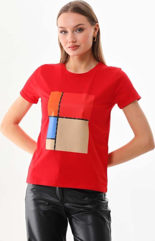 Kadın Pamuklu Baskı Detaylı Kısa Kol Bluz 23163 Kırmızı