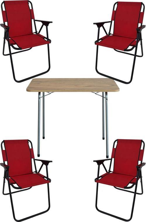 60X80 Çam Desenli Katlanır Masa + 4 Adet Katlanır Sandalye Kamp Seti Bahçe Takımı Kırmızı