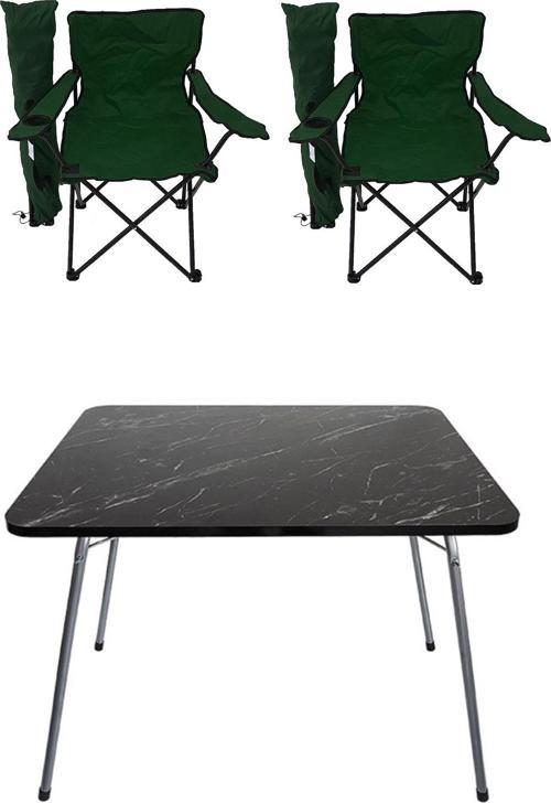60x80 Cm Granit Katlanır Masa + 2 Adet Kamp Sandalyesi Katlanır Sandalye Plaj Sandalye Yeşil