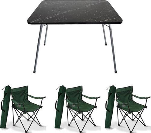 60x80 Cm Granit Katlanır Masa + 3 Adet Kamp Sandalyesi Katlanır Sandalye Plaj Sandalyes Yeşil