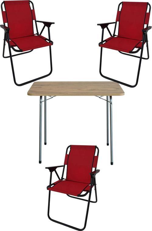 60X80 Çam Desenli Katlanır Masa + 3 Adet Katlanır Sandalye Kamp Seti Bahçe Takımı Kırmızı