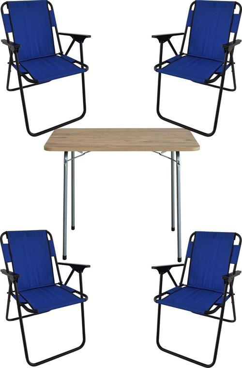60X80 Çam Desenli Katlanır Masa + 4 Adet Katlanır Sandalye Kamp Seti Bahçe Takımı Mavi