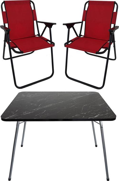60X80 Granit Desenli Katlanır Masa + 2 Adet Katlanır Sandalye Kamp Seti Bahçe Takımı Kırmızı