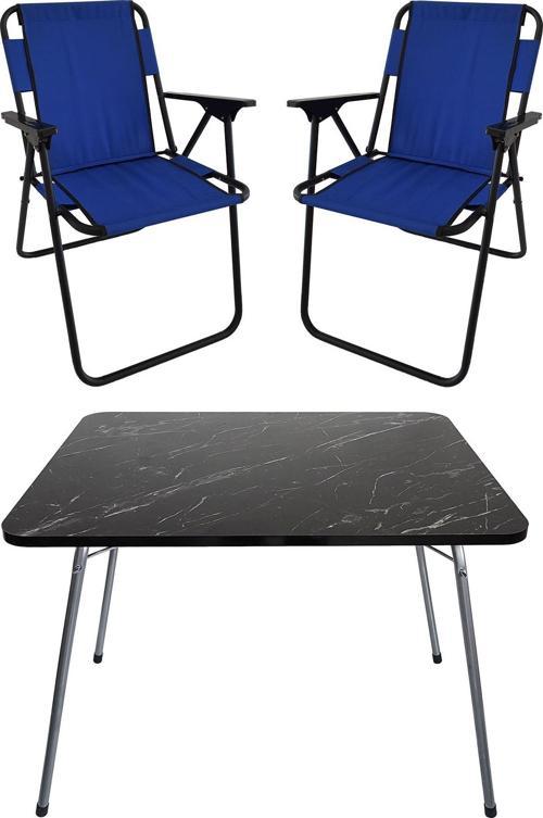 60X80 Granit Desenli Katlanır Masa + 2 Adet Katlanır Sandalye Kamp Seti Bahçe Takımı Mavi