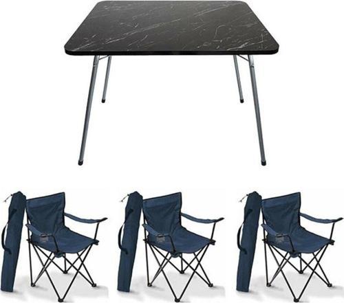 60X80 Katlanır Granit Masa+ 3 Adet Mavi Rejisör, Sandalye Piknik Plaj Sandalyesi
