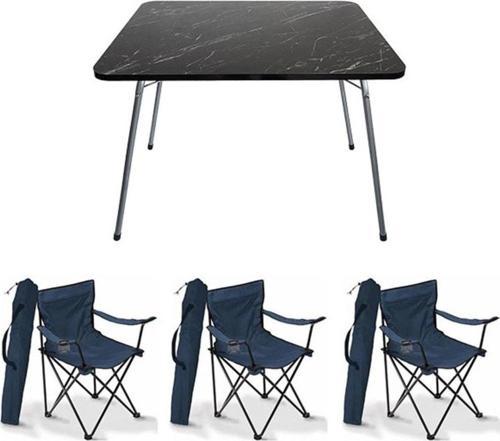 60x80 Cm Granit Katlanır Masa + 3 Adet Kamp Sandalyesi Katlanır Sandalye Plaj Sandalyesi Mavi