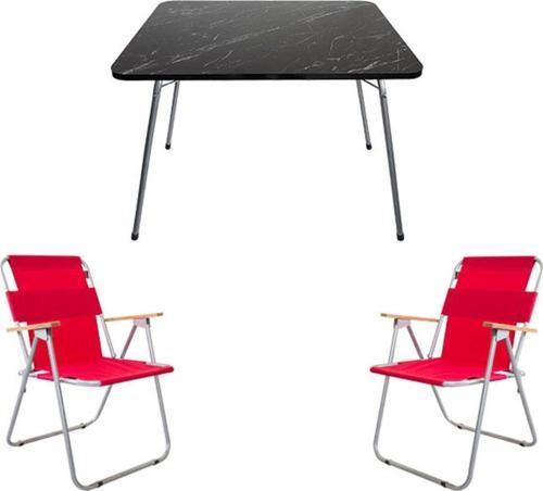 60x80 Cm Granit Katlanır Masa + 2 Adet Katlanır Sandalye Kamp Sandalyesi Bahçe Balkon Kırmızı