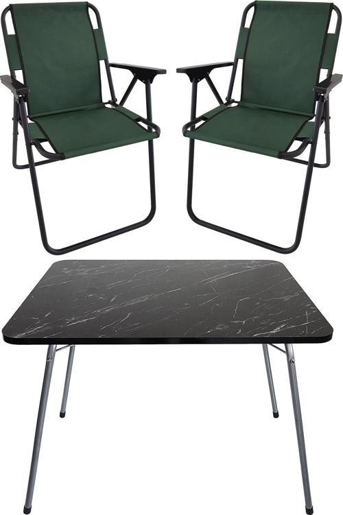 60X80 Granit Desenli Katlanır Masa + 2 Adet Katlanır Sandalye Kamp Seti Bahçe Takımı Yeşil