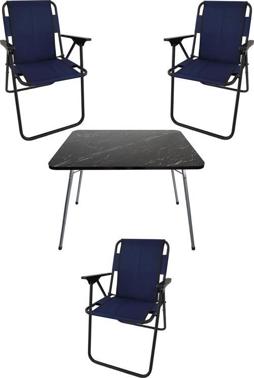 60X80 Granit Desenli Katlanır Masa + 3 Adet Katlanır Sandalye Kamp Seti Bahçe Takımı Lacivert
