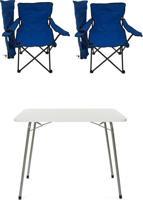 60x80 Katlanır Masa + 2 Adet Kamp Sandalyesi Katlanır Sandalye Piknik Plaj Sandalyesi Mavi