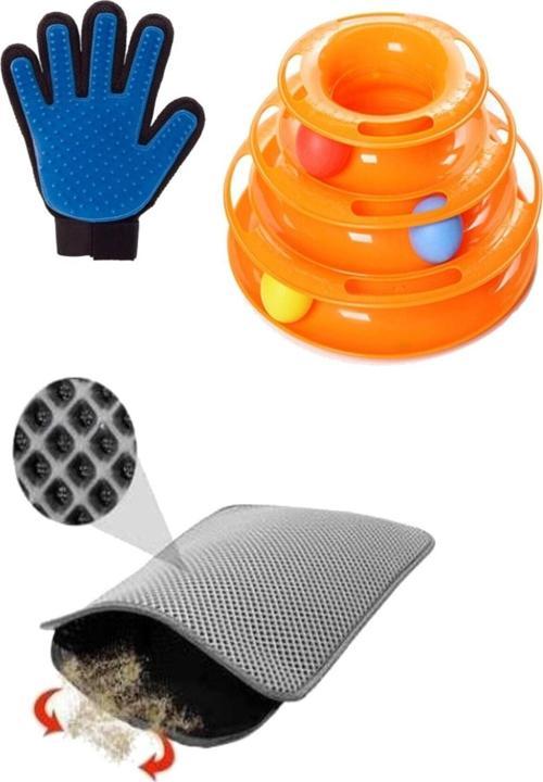 3 Lü Set Elekli Kedi Tuvalet Paspası (Gri) + Tüy Toplama Eldiveni + Tower Of Tracks Kedi Oyuncağı