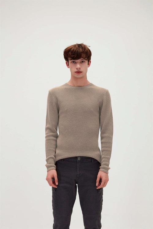 Dapple Knit Vizon Kahverengi Bisiklet Yaka Erkek Triko Kazak