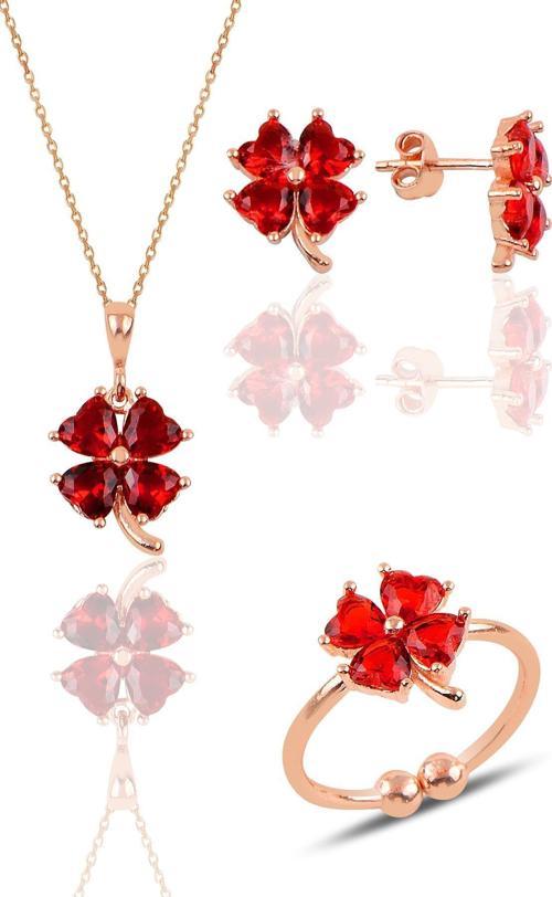 Gümüş rose kırmızı taşlı yonca kolye küpe ve yüzük üçlü set