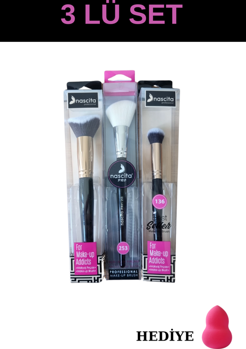 Profesyonel Oval Yapılı Kapatıcı Fırçası 136+3d Kabuki Fondöten Fırçası 0150+253 Allık Fırçası Set Sünger Hediyeli