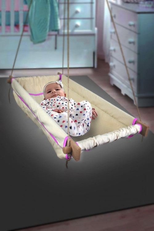 Wise Ahşap Yaylı Zıpzıp Hamak Beşik Hoppala Tavana Asılan Salıncak Bebek Yatağı Jüt Halatlı Pembe