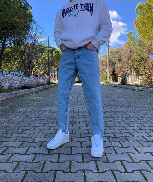 Yıkamalı Mavi Boyfriend Pantolon