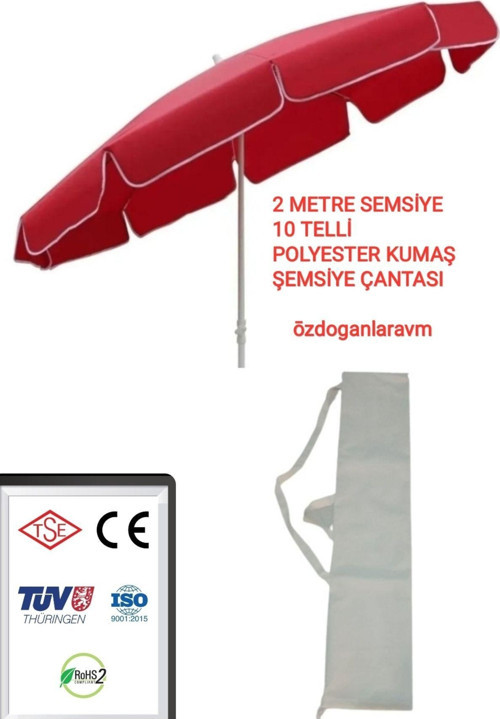 Deniz Plaj 2 Mt 10 Telli Polyester Kırmızı Şemsiye + Çanta Kılıf