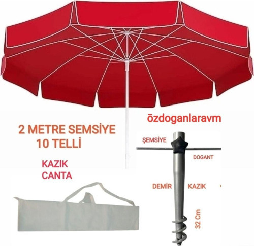 Deniz Plaj 2 Mt 10 Telli Polyester Kırmızı Şemsiye + Çanta+Kazık
