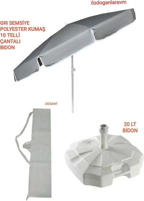 Ada Havuz Bahçe Balkon Plaj 2 Mt 10 Telli Polyester Gri Şemsiye + Bidon + Kılıf