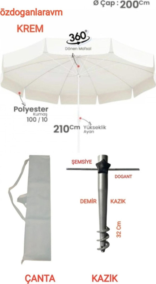 Ada Havuz Bahçe Balkon Plaj 2 Mt 10 Telli Polyester Krem Şemsiye + Çanta + Kazık