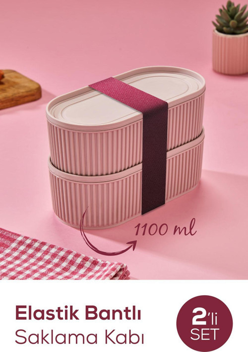 2'li Elastik Bantlı İstiflenebilir Pratik Saklama Kabı Seti 2x(1100 ml) Pembe