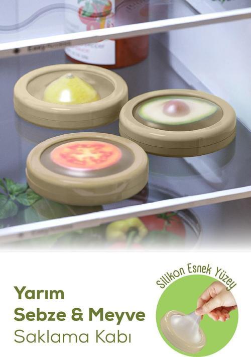 3lü Buzdolabı İçin Yarım Meyve ve Sebze Koruma Kabı - Limon, Soğan, Domates Saklama Kutusu Bej