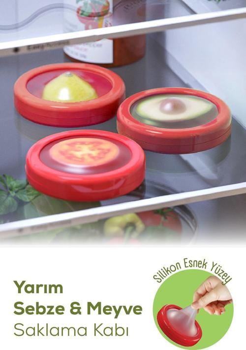 3lü Buzdolabı İçin Yarım Meyve ve Sebze Koruma Kabı - Limon, Soğan, Domates Saklama Kutusu Kırmızı