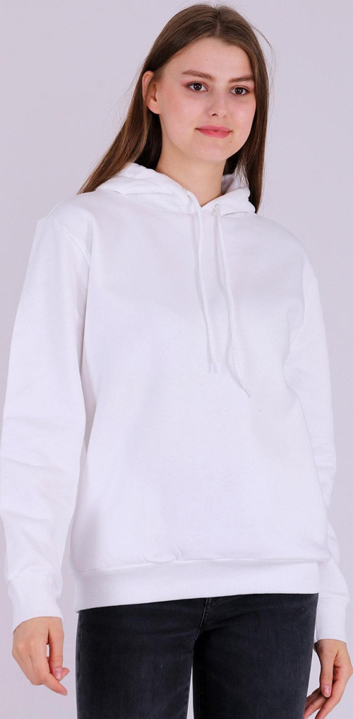 Beyaz Basic Oversize Kadın Kapüşonlu Hoodie 3 iplik Sweatshirt