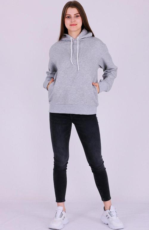 Gri Basic Oversize Kadın Kapüşonlu Hoodie 3 iplik Sweatshirt