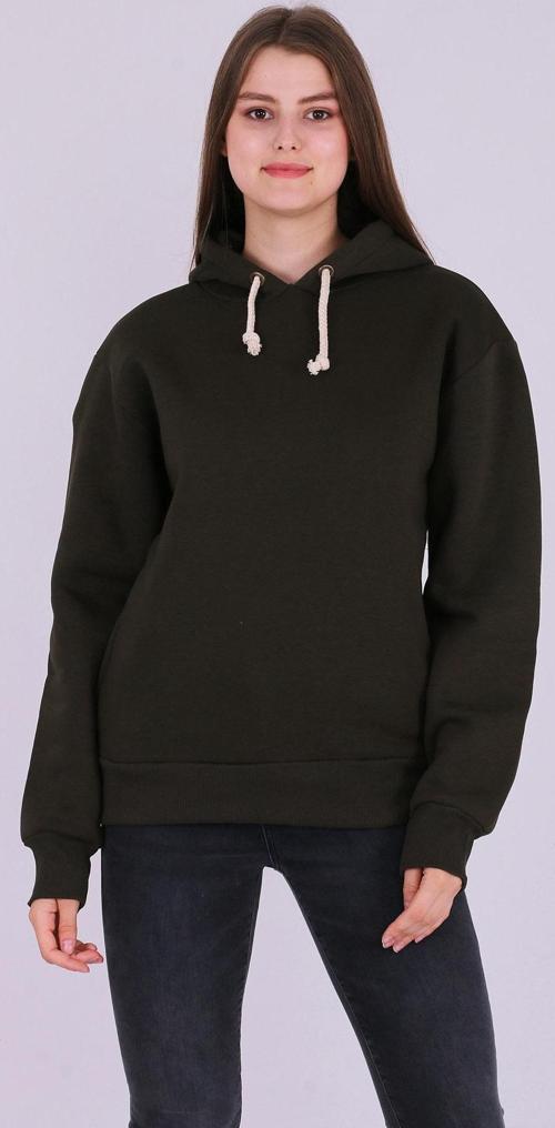 Haki Basic Oversize Kadın Kapüşonlu Hoodie 3 iplik Sweatshirt