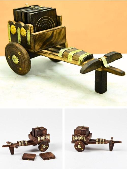 Metal Süslerle Ahşap Saban Arabası Antika Nostaljik El Yapımı Kağnı Arabası İçinde 6 Adt Bardak Altı