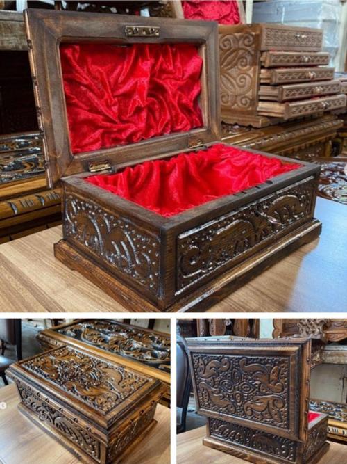 Takı Kutusu Mücevher Sandığı Kilitli Ahşap Ceviz El Oyması Motifli Ahşap Sandık Hediyelik 24 Cm