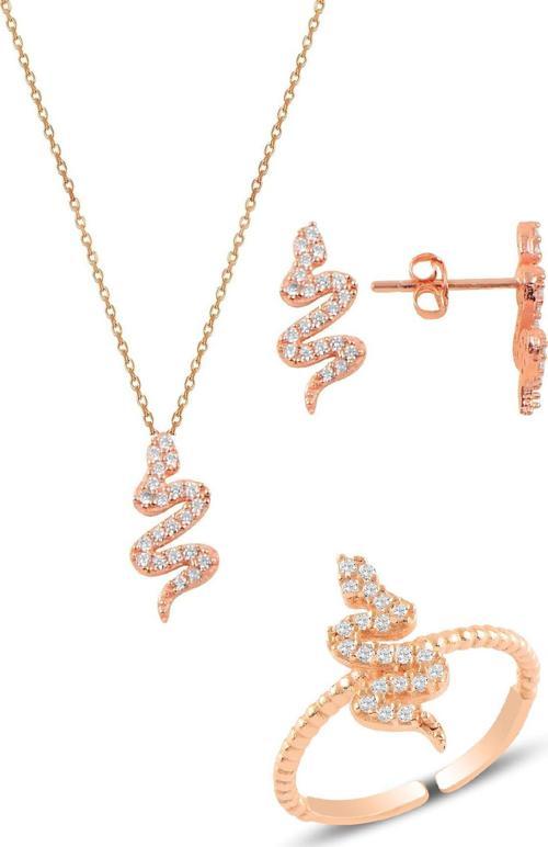 Gümüş rose yılan kolye küpe ve yüzük seti [barcode]